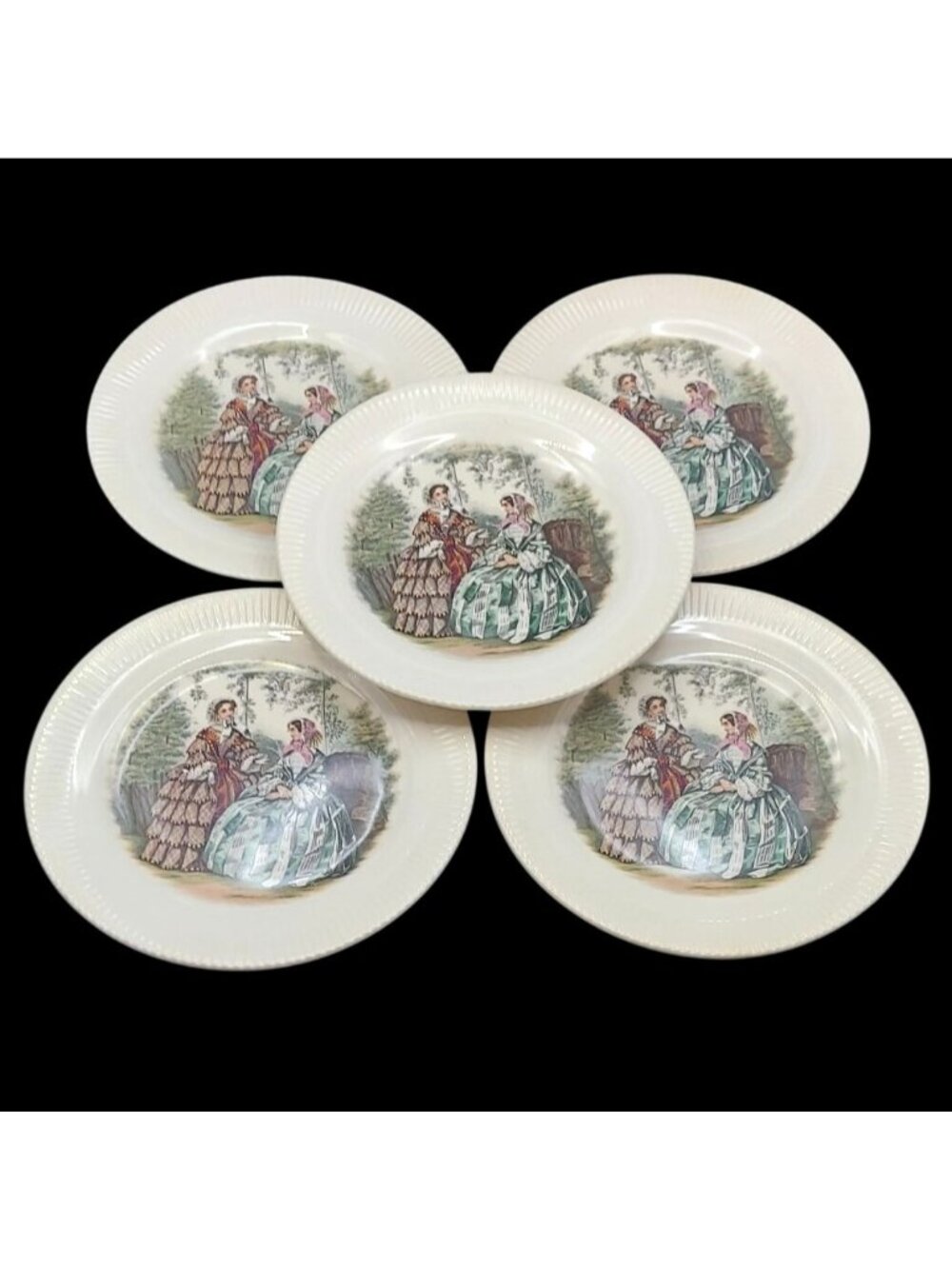 Godey Print 6.5" Ribbed Dessert Plates Set Of 5 Salem China 1940s MCM Vintage